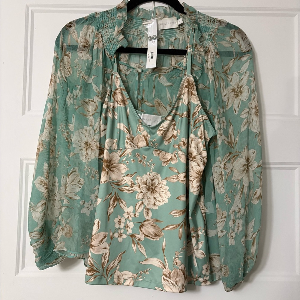 Elegant Floral Blouse - Teal and Beige